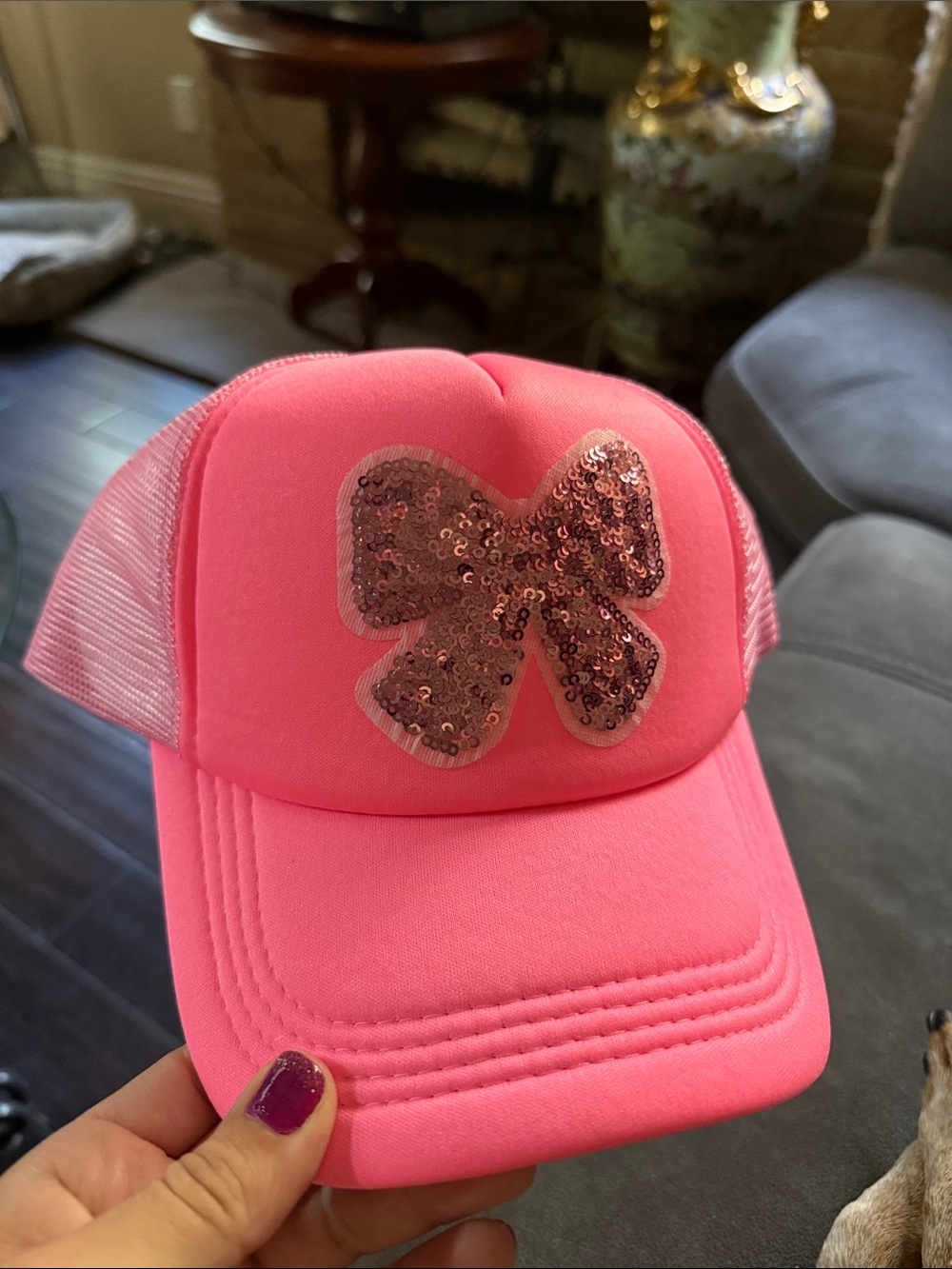 Pink Sequin Bow Trucker Hat SnapBack for adults or kids